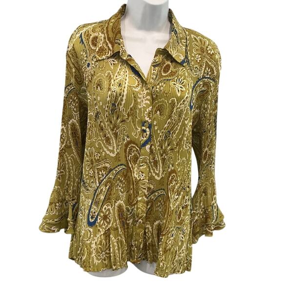 Vintage Milano Women Crinkle Top Size XL Green Brown Forest Fairy Flare Sleeve - Picture 1 of 8